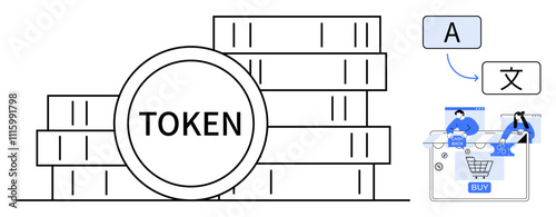 Token coins stacked beside currency exchange symbols and digital shopping interface with buy button. Ideal for digital economy, cryptocurrency, e-commerce, financial technology, language translation