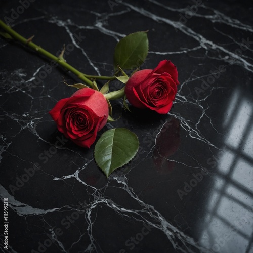 A red roA red rose placed on a black marble counter.se placed on a black marble counter.