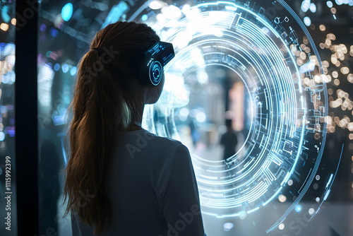 Young Woman Steps into a New Tech Portal within the Metaverse.