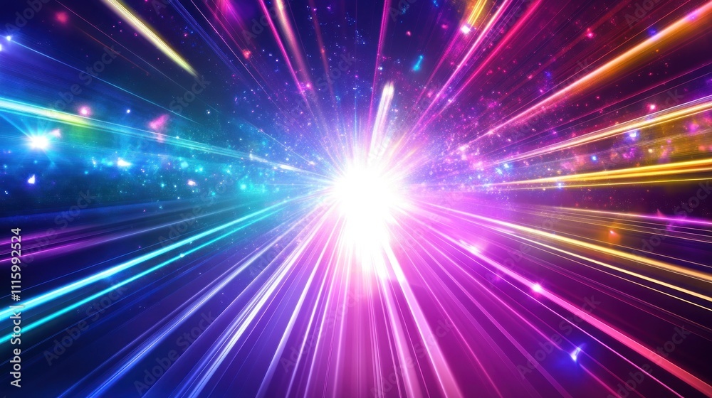 Fototapeta premium Vibrant light streaks explode from a bright core, creating a dynamic, colorful cosmic effect.