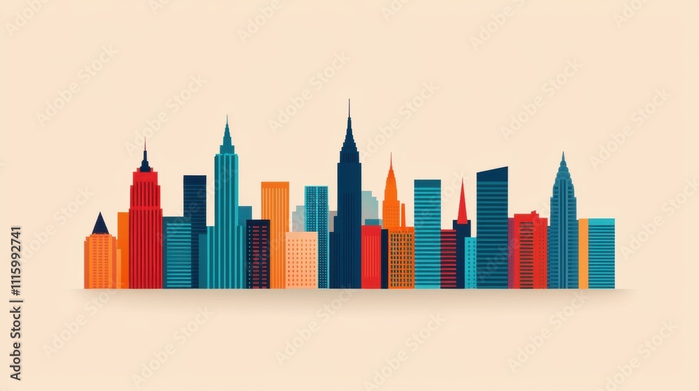 Obraz premium A colorful, stylized skyline featuring a variety of buildings, showcasing urban architecture on a light background.