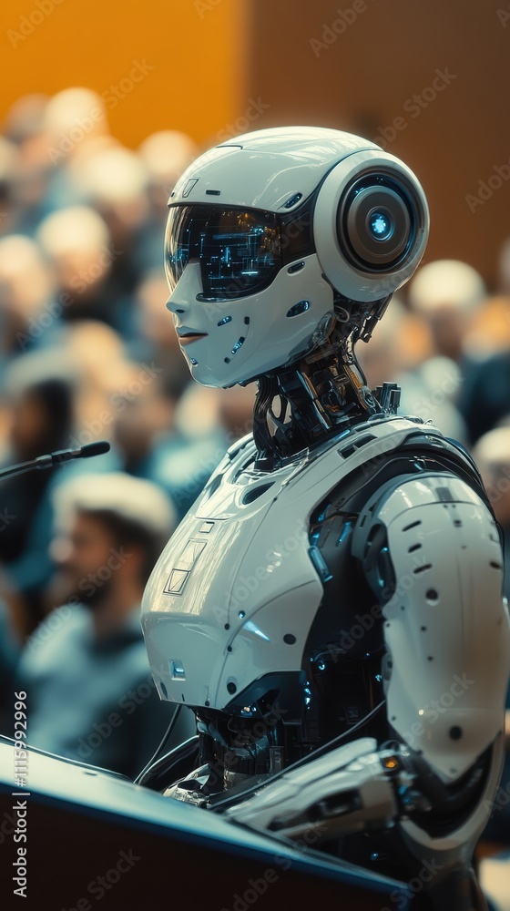 Fototapeta premium Ai robot teacher conducting college lecture in modern classroom