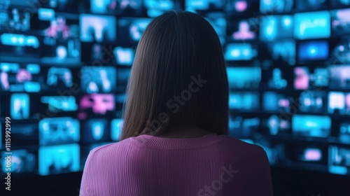 A person watches multiple screens displaying varied content in a darkened room, highlighting the impact of technology on media consumption.