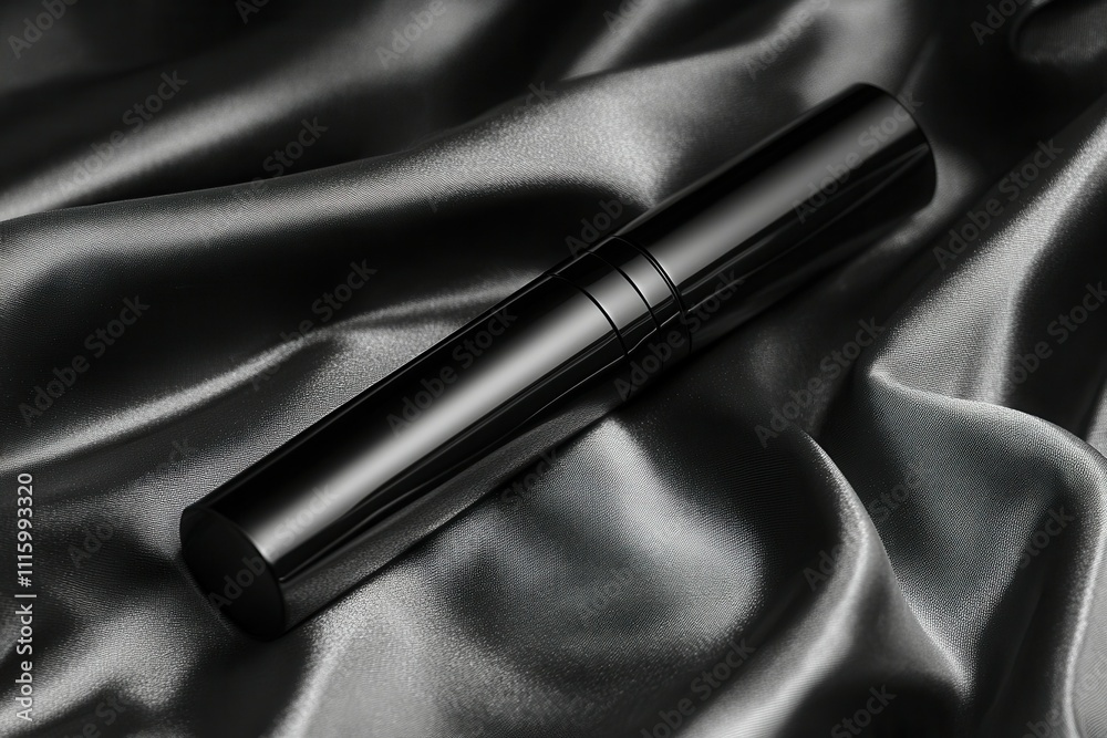 Naklejka premium Elegant black mascara tube on luxurious satin fabric background.