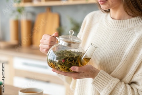 A woman holds a glass teapot filled with herbal tea in a bright kitchen. She is dressed in a cozy sweater, surrounded by wooden kitchenware, and the morning sunlight creates a warm atmosphere, enhanci photo