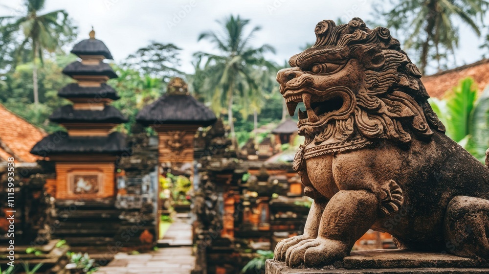 Obraz premium Majestic Balinese Temple with Mythical Lion Guardian