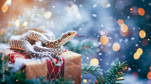 Banner with cute snake on gift box and bokeh background. Symbol of New Year 2025