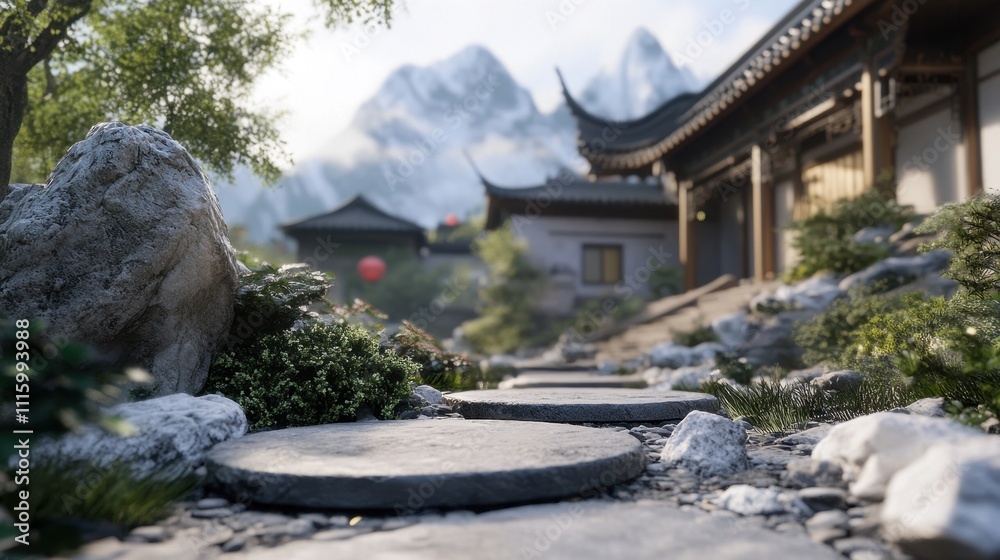 Fototapeta premium Tranquil Japanese Garden with Majestic Mountains in the Distance