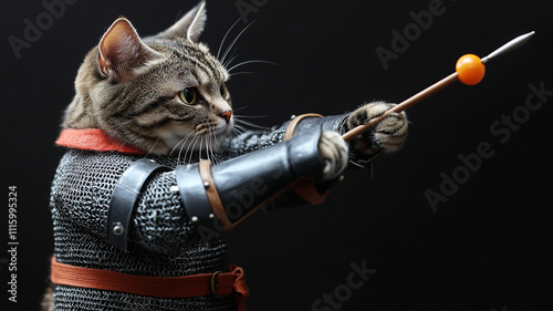 Cat in a medieval knighta??s armor, jousting with a toy lance photo