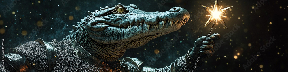 Fototapeta premium A crocodile in medieval chainmail armor with a morning star