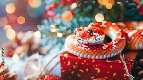 Banner with cute red snake on gift box and bokeh background. Symbol of New Year 2025