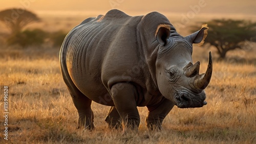 A close-up photo of a rhinoceros, showcasing its thick skin, large horn, and piercing gaze. The animal's powerful build and rugged features make it a truly awe-inspiring sight