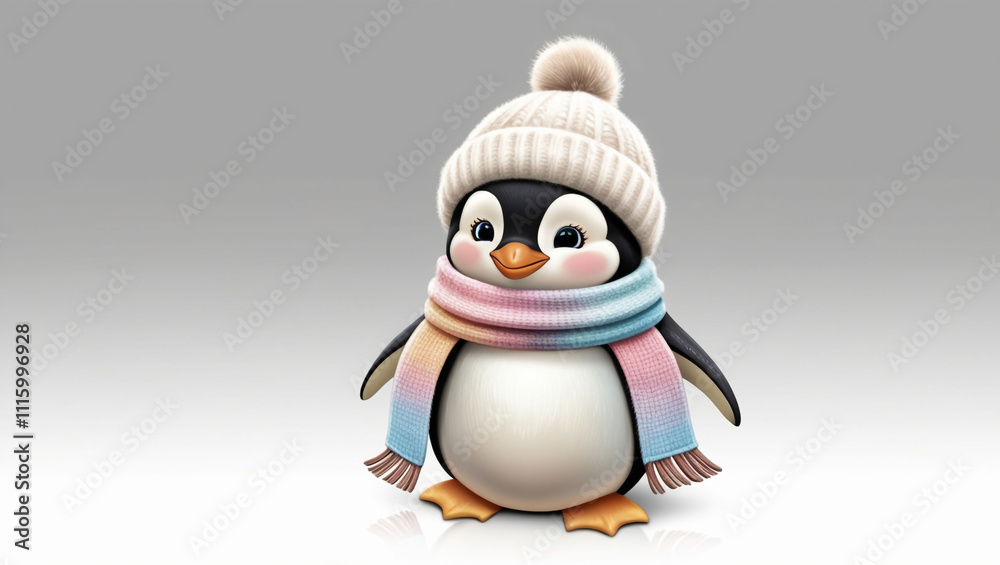 Obraz premium cute penguin wearing winter hat and scarfs, isolated png transparent background