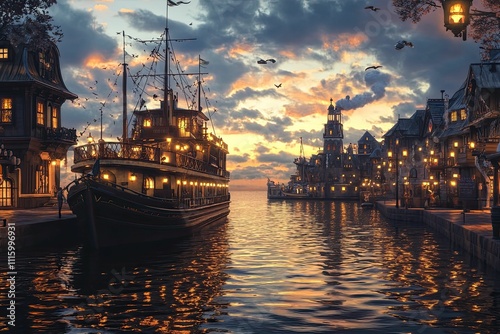 Wallpaper Mural Sunset canal scene, ship, illuminated buildings. Torontodigital.ca