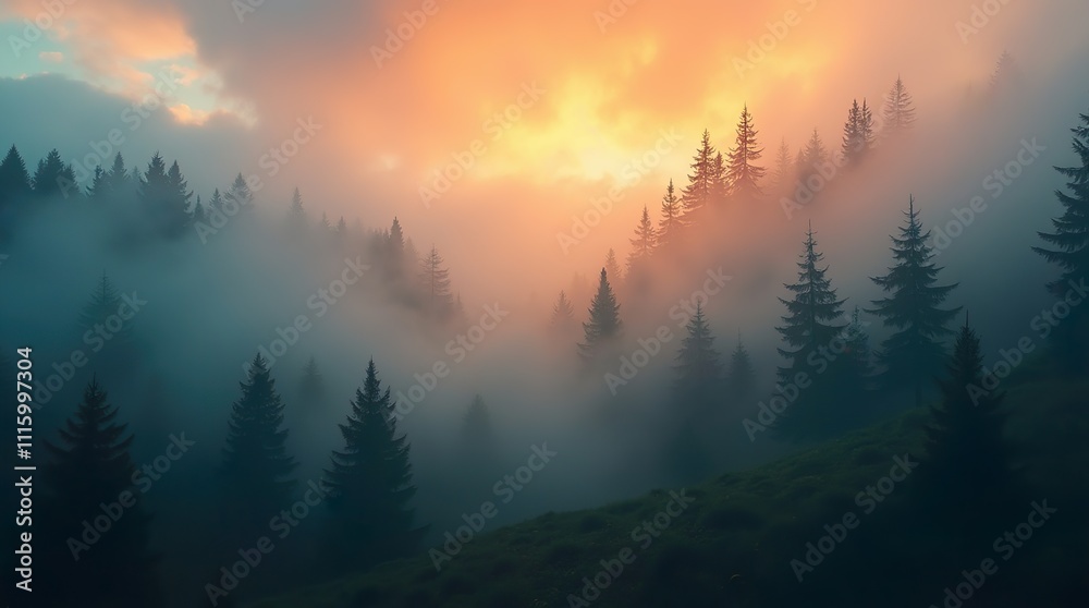 Fototapeta premium The Enchanted Fir Forest: A Misty Landscape with a Vintage Retro Aesthetic, Unveiling Nature’s Mysterious Fog-Filled Beauty