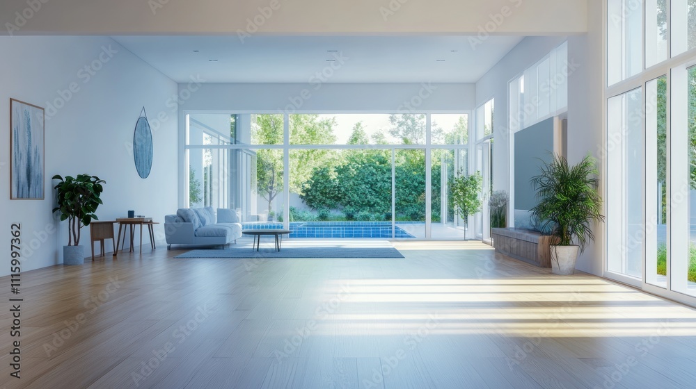 Fototapeta premium A bright, modern living space with large windows overlooking a pool and greenery.