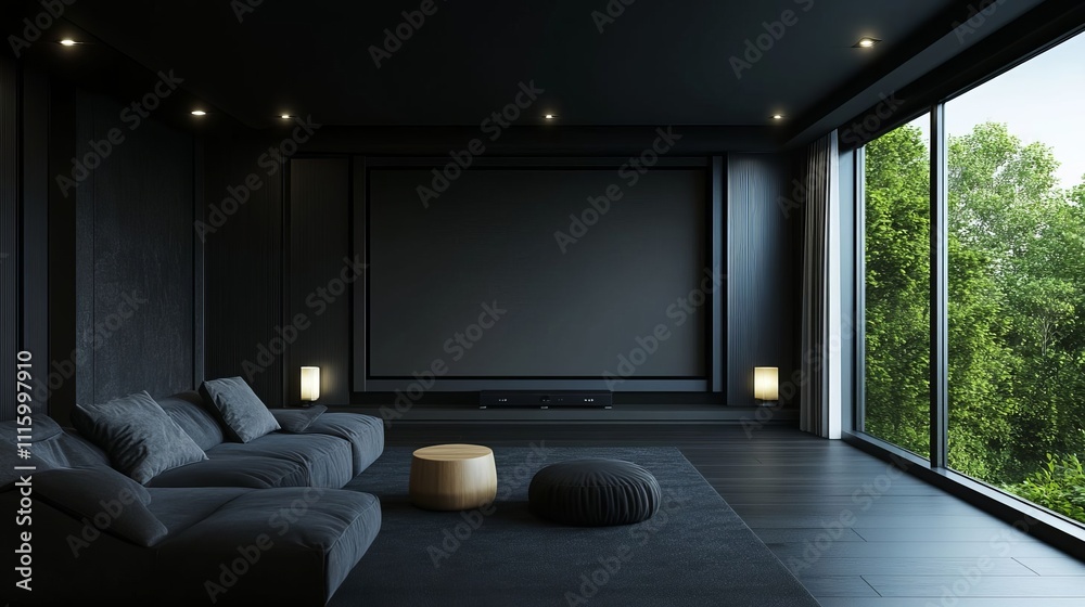 Fototapeta premium Modern living room with large TV, interior design of modern home theater in luxury house, night time, luxury sofa and armchair with coffee table.