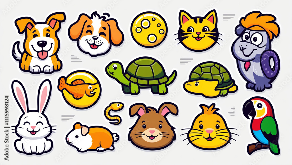 Fototapeta premium Domestic animals/ pets - collection of funny vector clip-arts (dog, cat, turtle, goldfish, rabbit, guinea pig, snake, parrot)