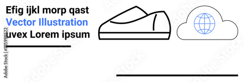 Sleek sneaker design next to a cloud with a globe icon inside. Elements include sample text and vector lines. Ideal for fashion, cloud services, global connectivity, modern design, technology