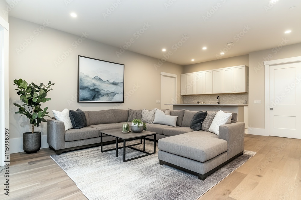 Fototapeta premium Modern minimalist living room with gray sofa and art on wall.