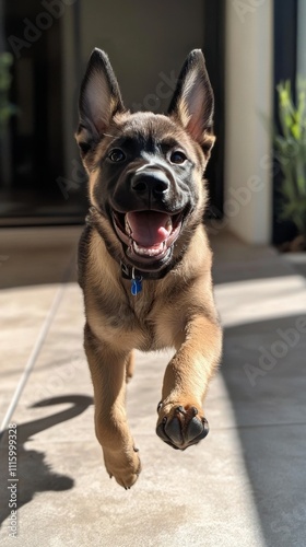 Happy dog jumping joyfully along a sunny pathway in outdoor setting