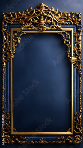 Blue leather surface with a radiant gold ornamental frame, blending vintage charm and luxurious refinement.blue leather, book cover, gold frame, decorative frame.