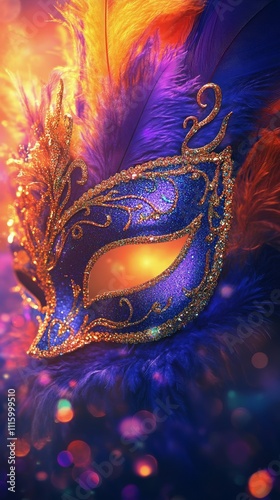 Colorful masquerade mask with glitter and feathers in vibrant setting at nigh...