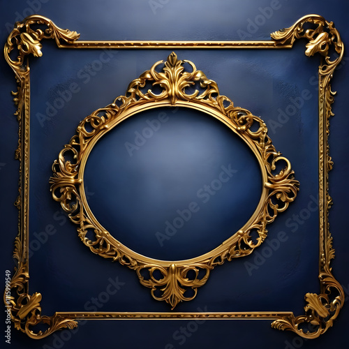 Blue leather surface with a radiant gold ornamental frame, blending vintage charm and luxurious refinement.blue leather, book cover, gold frame, decorative frame.