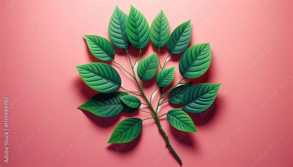 Obraz premium Green Leaves on Pink Background