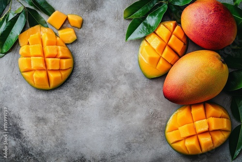 Fresh mangoes cut and whole with green leaves on a textured background