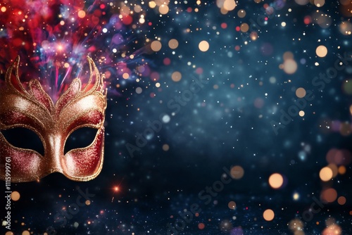 Intricate masquerade mask against a shimmering background of light and color
