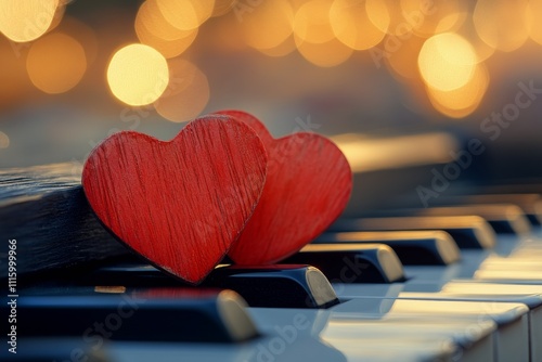 Romantic wooden hearts on a piano with soft bokeh lights creating a warm atmo...