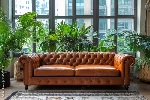 Cozy living space with a leather couch and lush indoor plants in natural light
