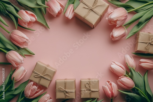 Heart shaped arrangement of pink tulips and gift boxes on soft background for...