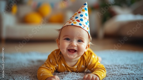 Baby celebrates first birthday with cake and festive decorations at home