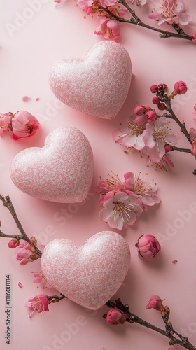Romantic pink heart shapes surrounded by spring blossoms on a soft background