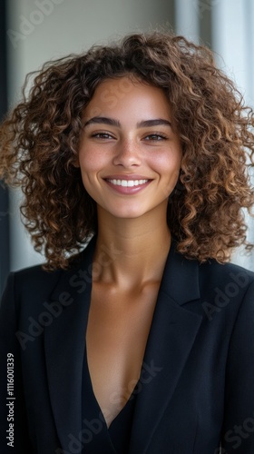 Professional model poses with confidence in stylish blazer and natural makeup...