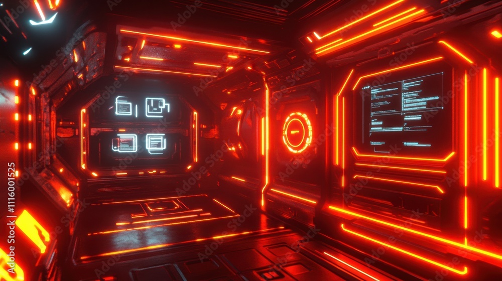Obraz premium Futuristic Neon Sci-Fi Corridor with Technology Interface