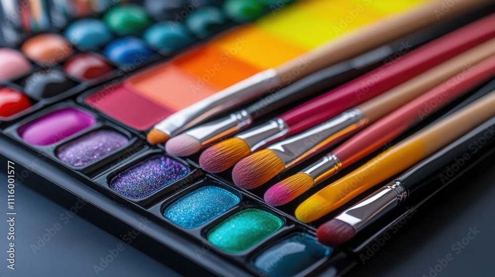 Naklejka premium an organized nail art station featuring brushes, glitter, rhinestones, and colorful gel polishes