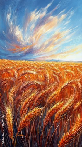 Golden wheat swaying in the warm glow of sunset near a serene landscape