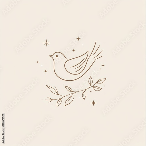 Here's a  and keyword list for your image.. Minimalist line art bird on branch with stars. photo