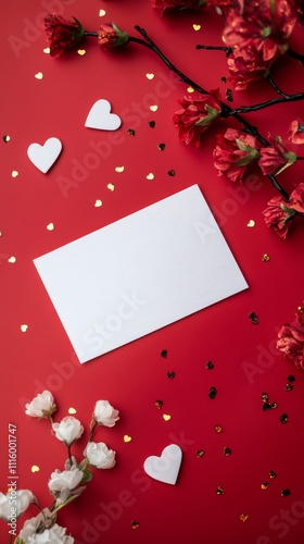 Colorful flowers and decorative hearts surround a blank card on a vibrant red...