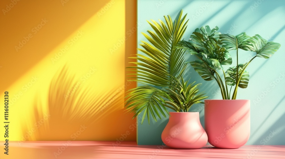 Obraz premium Modern interior with potted tropical plants against colorful walls
