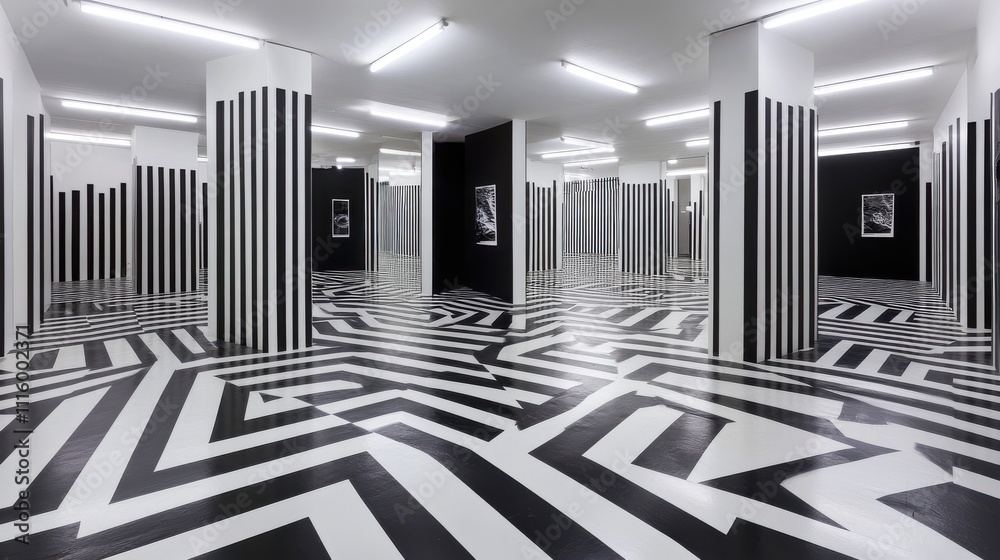 Black and white striped columns and mirrored walls create a dizzying, maze-like interior space. Black and white striped columns and mirrored walls create a dizzying, maze-like interior space.