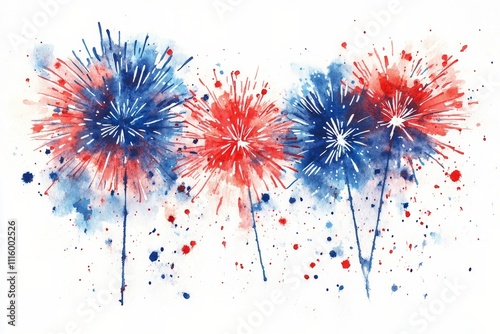 Colorful fireworks display with red, white, and blue bursts during a summer c...