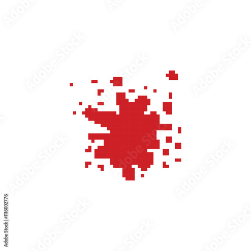 Red blood splatter in pixel art style. Pixelated blood stain with drips in a retro design.