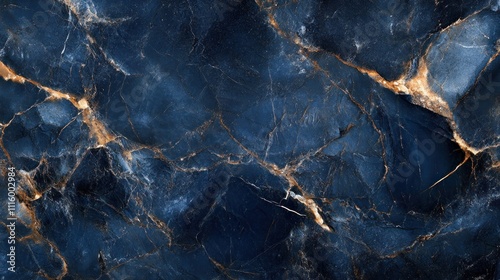 A close-up of a dark blue marble surface with golden veins, ideal for backgrounds or textures.