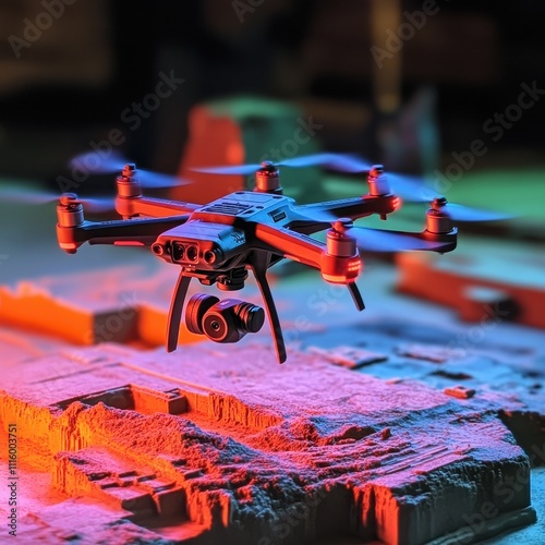 A drone hovers over a textured surface, illuminated by vibrant colored lights, showcasing its advanced design and technology.