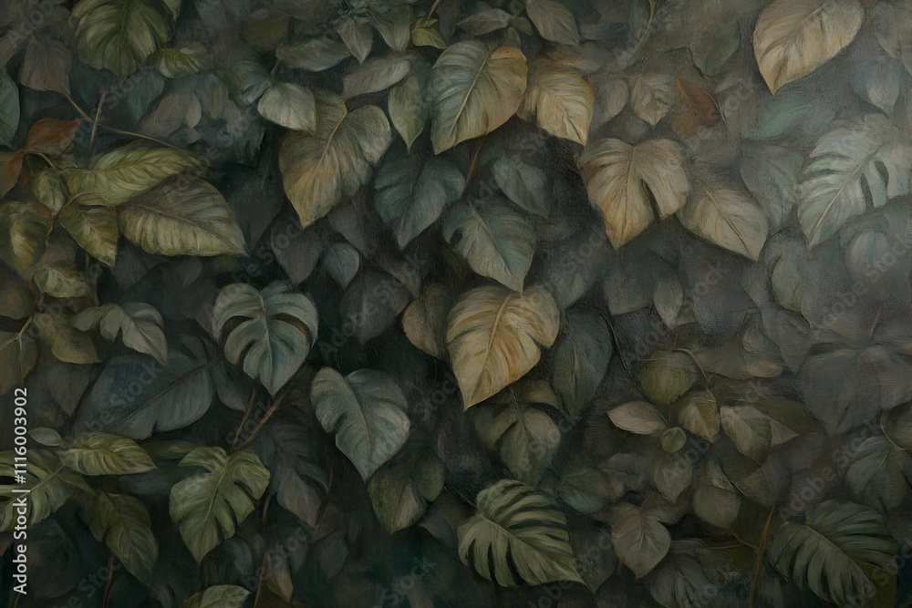 Fototapeta premium Lush, dark green tropical leaves create a moody, textured background. Ideal for design projects needing a botanical, nature-inspired aesthetic.