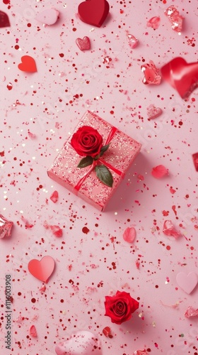 Colorful gift box surrounded by rose petals and heart shapes for celebration